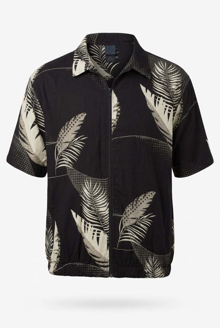 Majestic Sport Tropical Leaf Print Full-Zip Short Sleeve Jacket Shirt #841